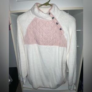 Cozy White and Pink Fleece Pullover - women’s large (would fit M/L)
